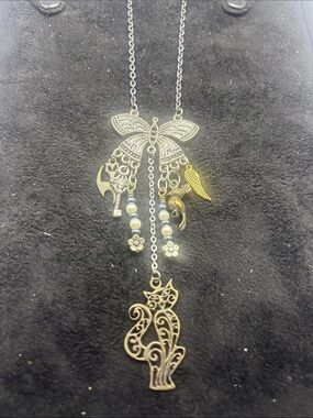 Silver-Tone Butterfly & Cat Pendant Necklace with Charms